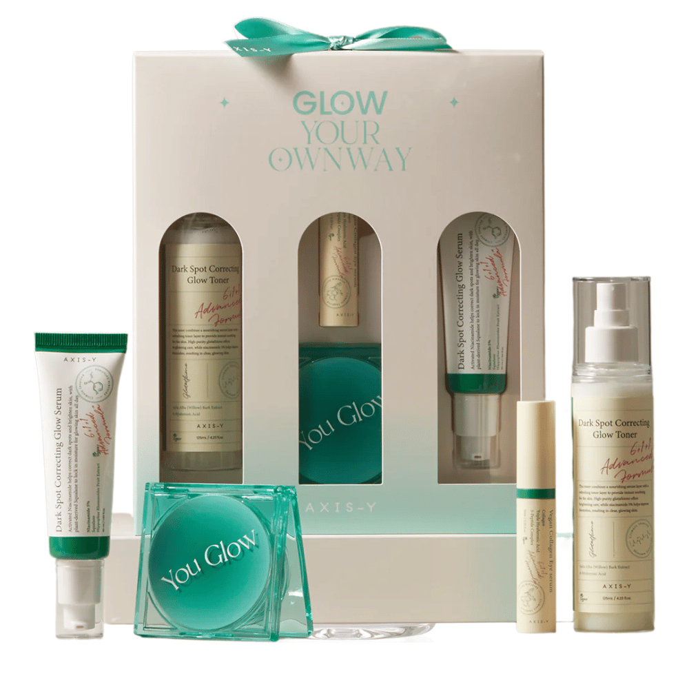 AXIS-Y Glow Your Own Way Beauty Box – um kit completo de cuidados com a pele veganos que reduz manchas de pigmentação, hidrata e dá brilho. Perfeito para um tom de pele mais uniforme!