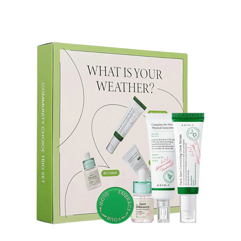 AXIS-Y "What is your weather?" Kit de cuidados com a pele em embalagem verde inclui cinco produtos: protetor solar, creme hidratante, sérum, gel de tratamento e máscara facial, adaptados para diferentes tipos de pele e climas.