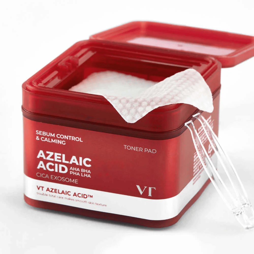 Frasco aberto com VT Azelaic Acid Toner Pad e pinça – para uso fácil e higiênico.