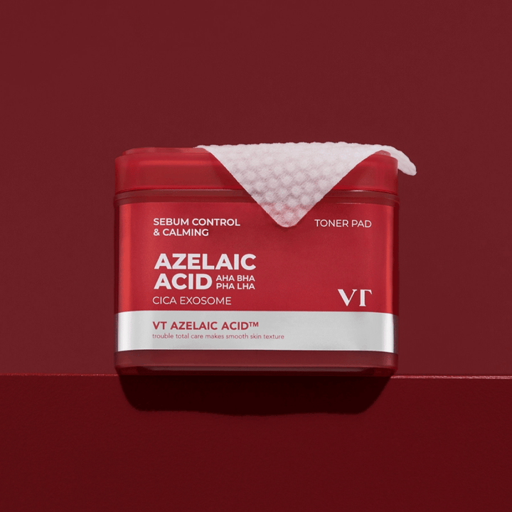 VT Azelaic Acid Toner Pad – frasco vermelho com pad texturizado, perfeito para uniformizar o tom de pele e reduzir impurezas.