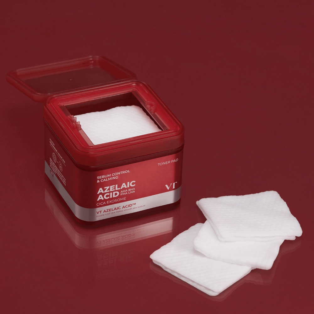 VT Azelaic Acid Toner Pad – pads esfoliantes e calmantes com AHA, BHA, PHA e LHA para pele equilibrada e clara.