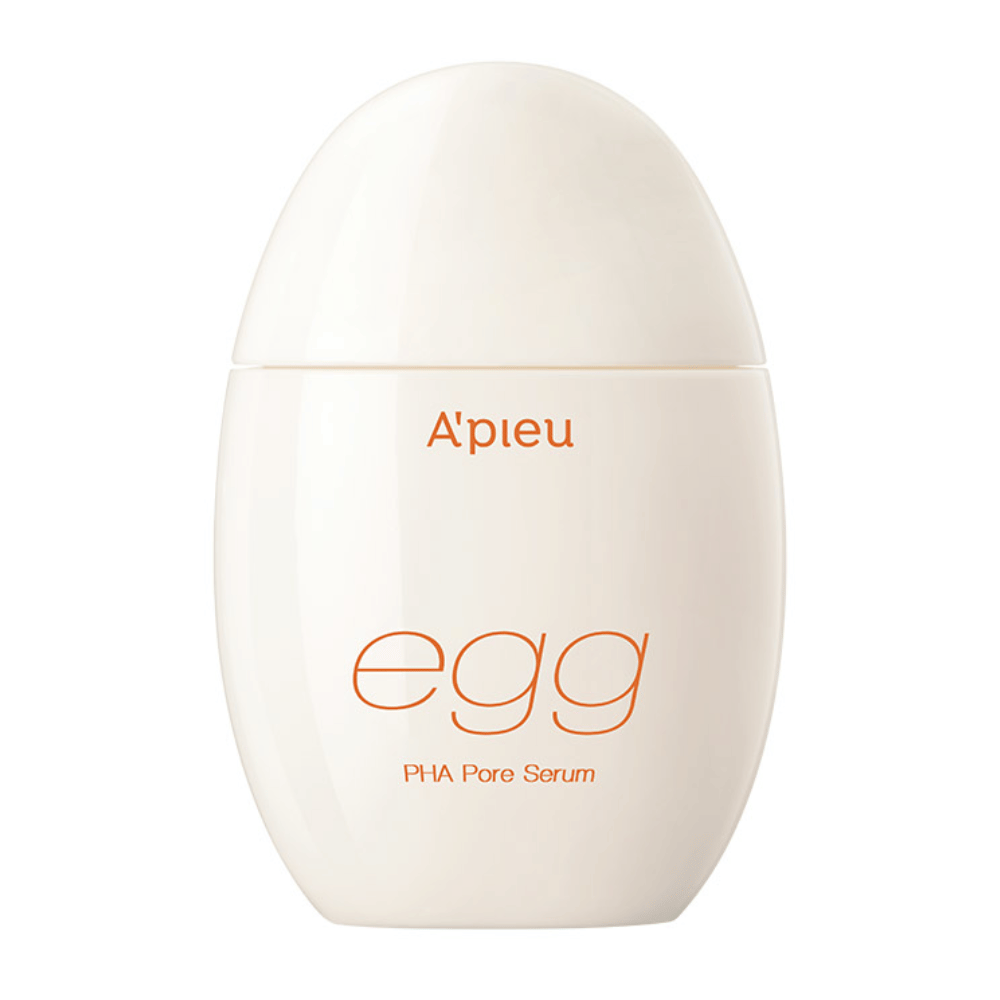 A’pieu Egg PHA Pore Serum em embalagem em forma de ovo, bege com texto laranja – um sérum coreano que esfolia suavemente e minimiza os poros.