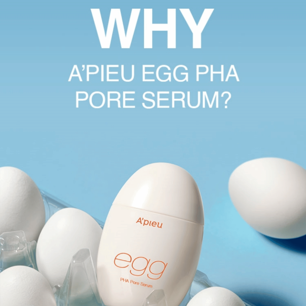 A’pieu Egg PHA Pore Serum em embalagem em forma de ovo entre ovos brancos numa caixa de ovos – um sérum coreano para poros refinados e esfoliação suave.