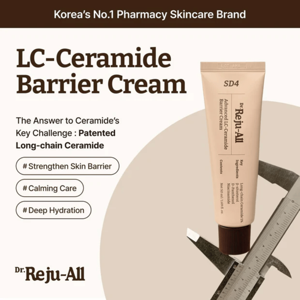 Dr. Reju-All Advanced LC-Ceramide Barrier Cream da Coreia – creme de barreira com ceramidas de cadeia longa patenteadas para hidratação profunda, cuidado calmante e proteção contra irritação externa.