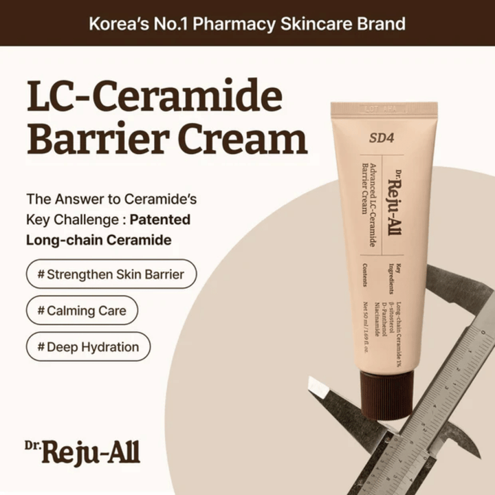 Dr. Reju-All Advanced LC-Ceramide Barrier Cream da Coreia – creme de barreira com ceramidas de cadeia longa patenteadas para hidratação profunda, cuidado calmante e proteção contra irritação externa.