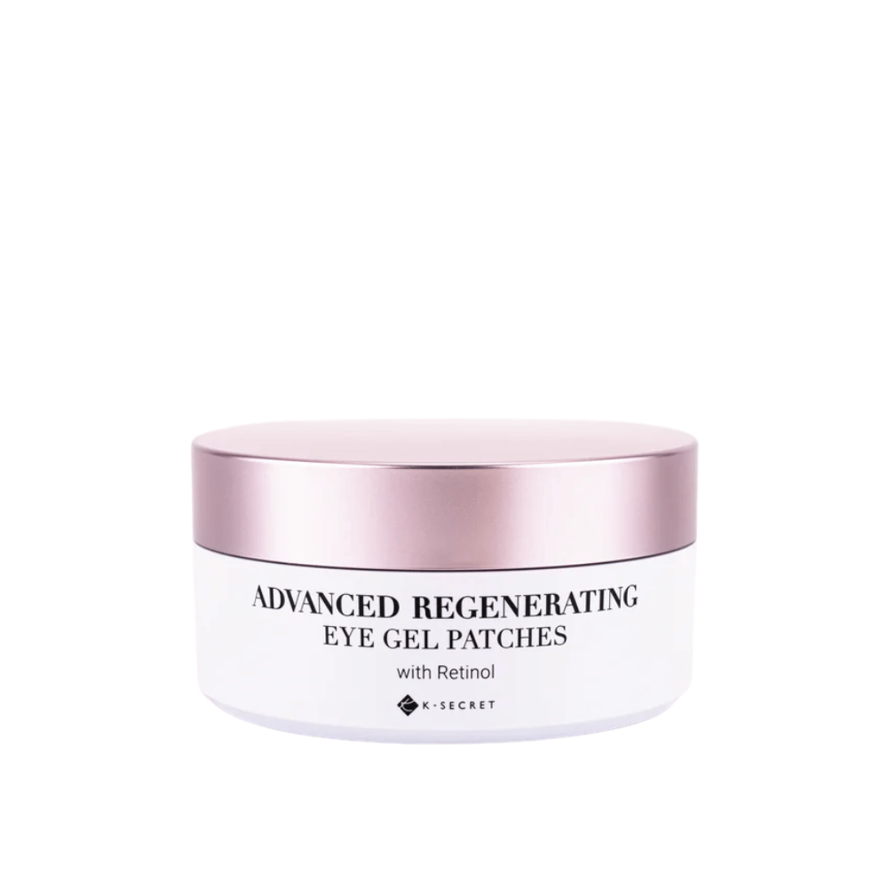 Frasco com K-Secret Advanced Regenerating Eye Gel Patches com retinol e tampa rosa.