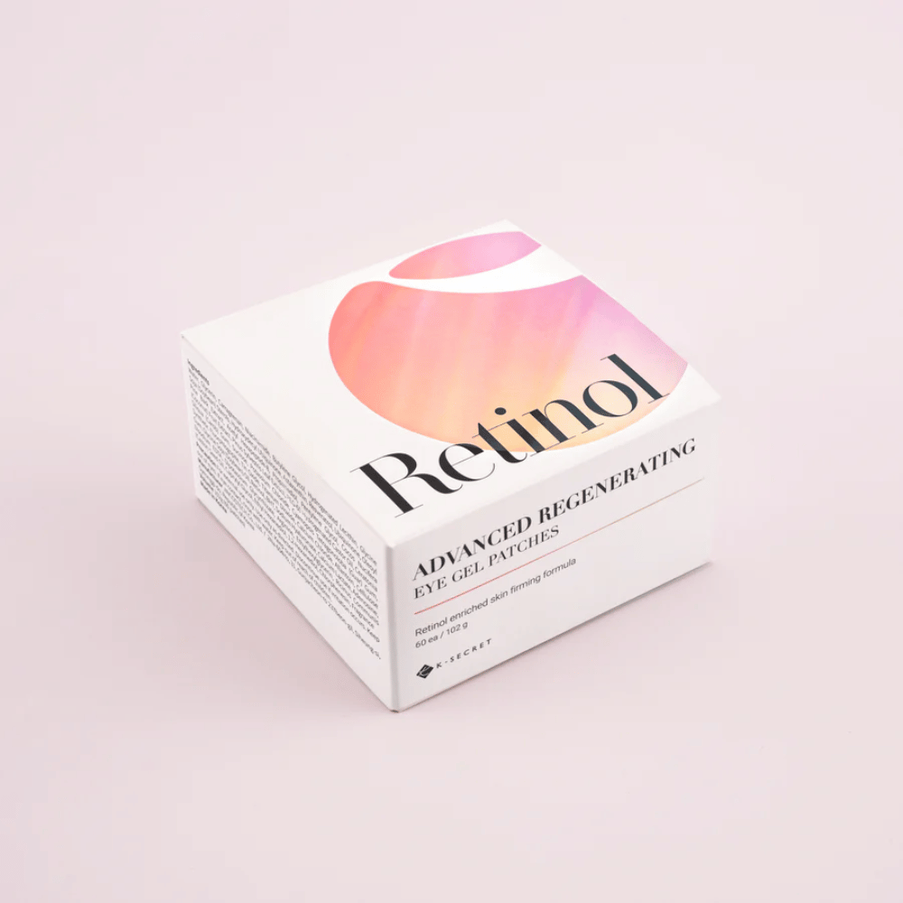 Embalagem de K-Secret Advanced Regenerating Eye Gel Patches com retinol em design branco e rosa.