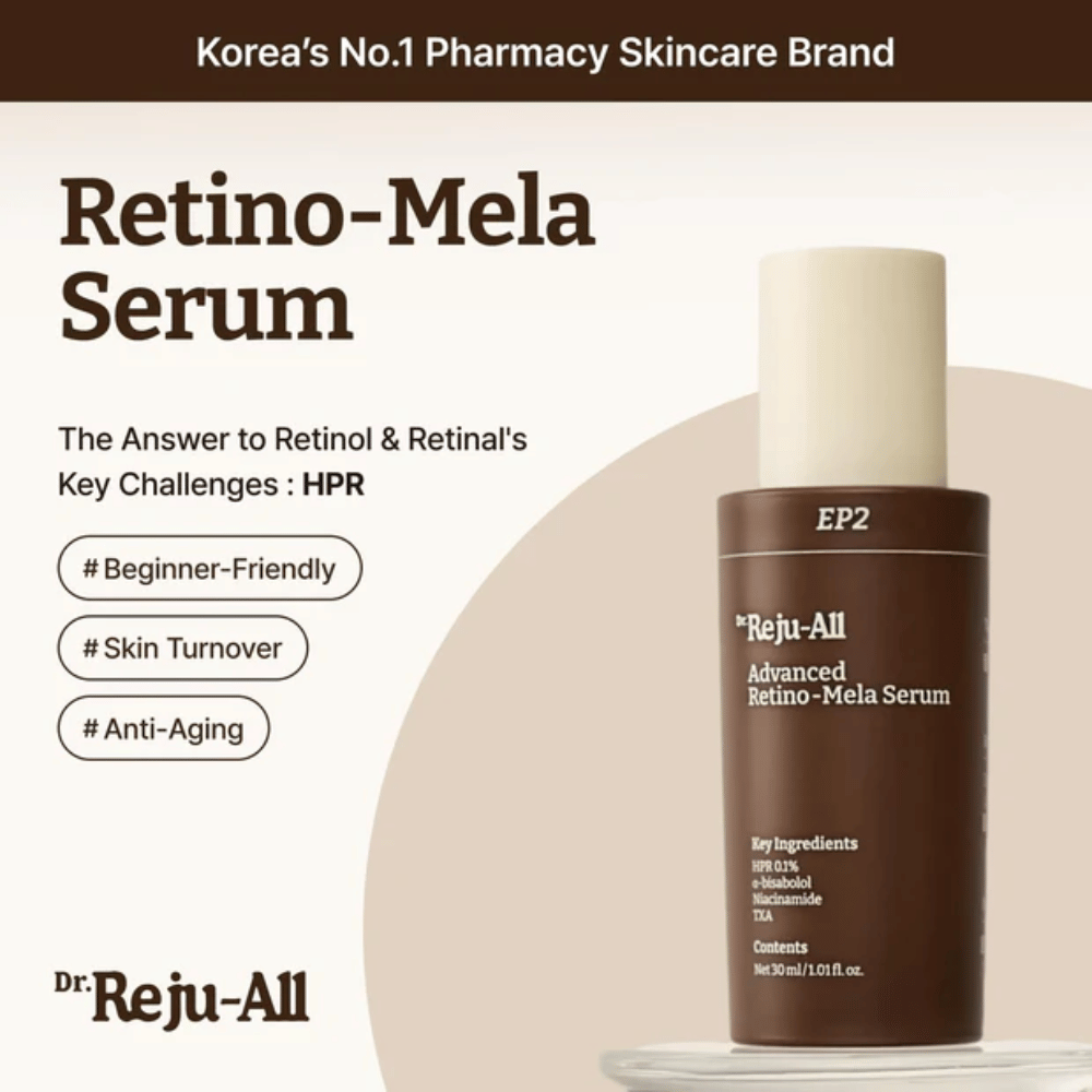 Dr. Reju-All Advanced Retino-Mela Serum EP2 – alternativa ao retinol à base de HPR, que é mais suave do que retinol e retinal, desenvolvido para um tom de pele mais uniforme, renovação da pele e anti-envelhecimento.