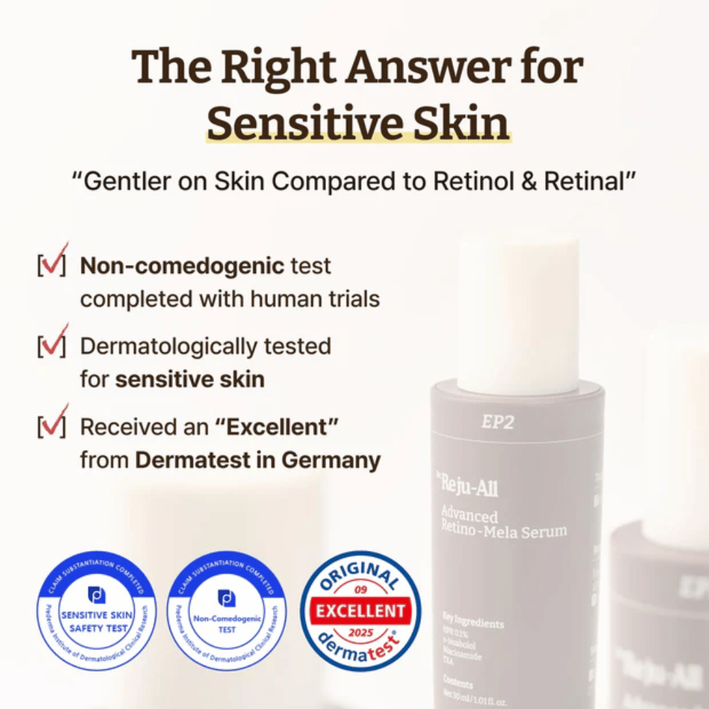 Dr. Reju-All Advanced Retino-Mela Serum para pele sensível – não comedogénico, testado dermatologicamente e classificado como “Excelente” pela Dermatest na Alemanha.
