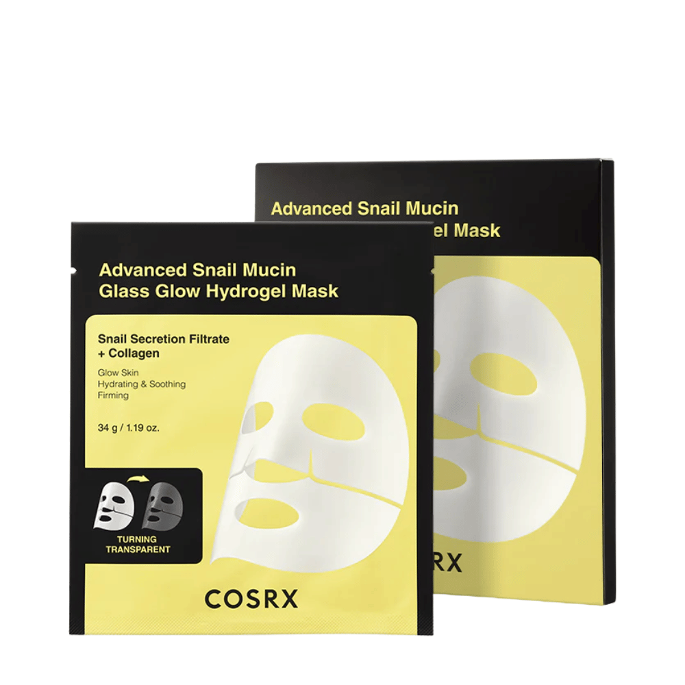 Embalagem de COSRX Advanced Snail Mucin Glass Glow Hydrogel Mask – máscara hidratante com secreção de caracol e colágeno.