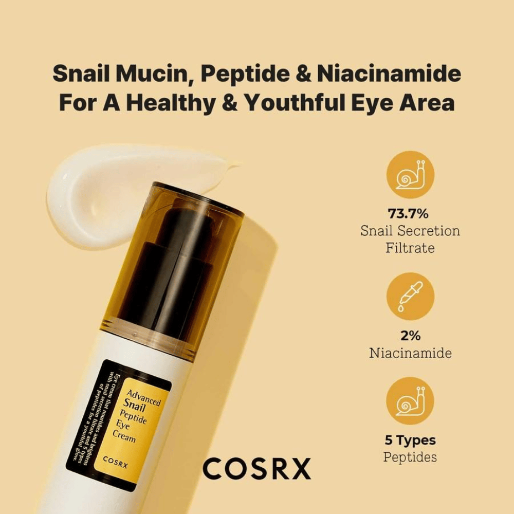 COSRX Advanced Snail Peptide Eye Cream 25 ml com mucina de caracol, peptídeos e niacinamida para pele mais firme e tom de pele mais uniforme ao redor dos olhos