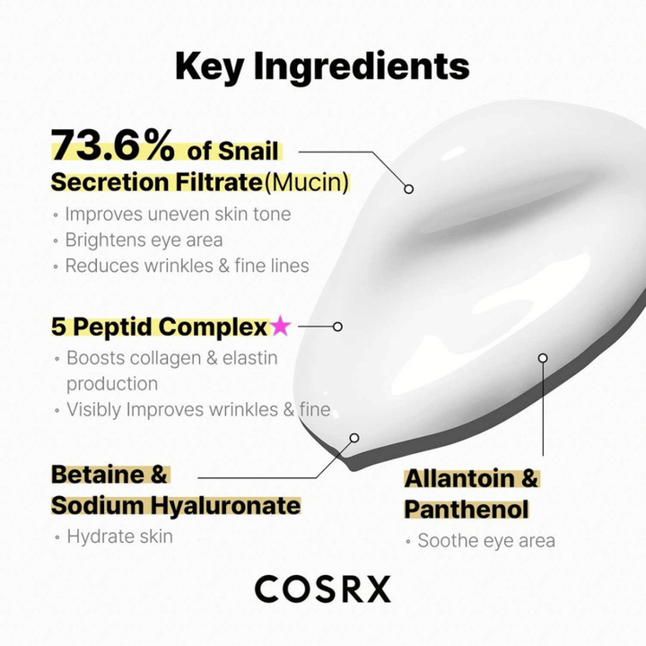 COSRX Advanced Snail Peptide Eye Cream com 73,6% de mucina de caracol, 5 peptídeos, niacinamida e ácido hialurônico – hidratante e anti-envelhecimento creme de olhos