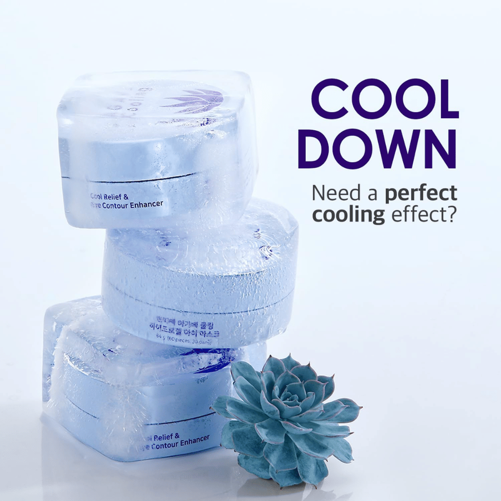Imagem promocional de PETITFEE Agave Cooling Hydrogel Eye Mask com um tema gelado e refrescante. A imagem destaca o efeito refrescante do produto e a sensação fresca para olhos cansados.