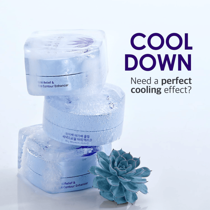 Imagem promocional de PETITFEE Agave Cooling Hydrogel Eye Mask com um tema gelado e refrescante. A imagem destaca o efeito refrescante do produto e a sensação fresca para olhos cansados.
