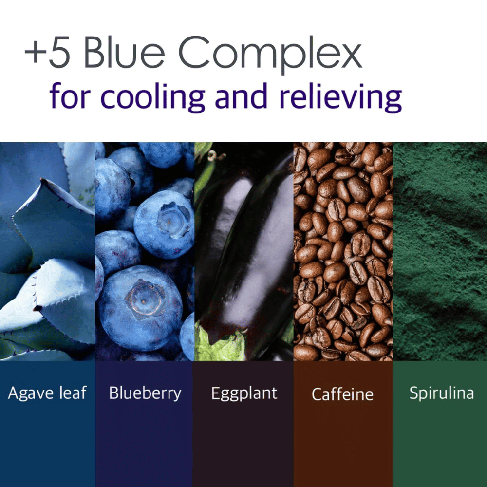Imagem informativa sobre o “5 Blue Complex” com ingredientes como folha de agave, mirtilo, beringela, cafeína e spirulina. O foco está nas propriedades refrescantes e calmantes para a pele.