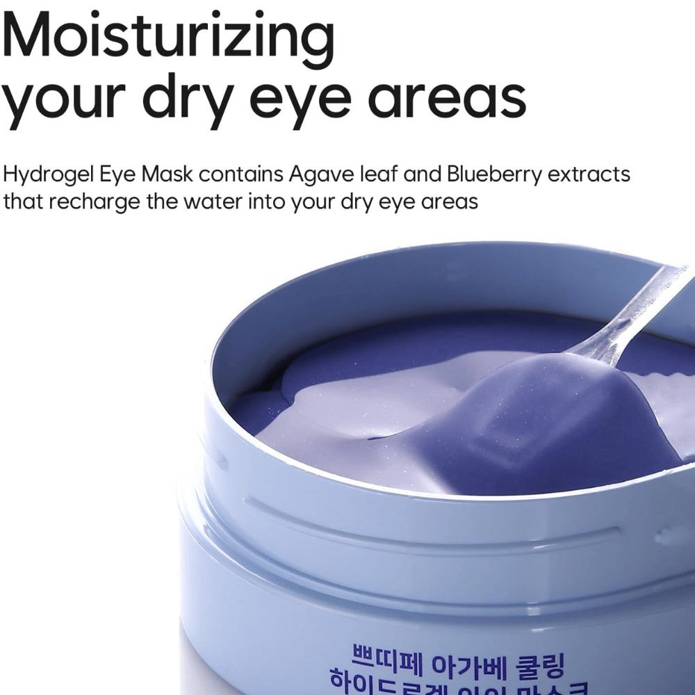 Imagem de produto de Agave Cooling Hydrogel Eye Mask com foco na hidratação das zonas secas à volta dos olhos. A imagem mostra a fórmula em hidrogel e a espátula incluída.