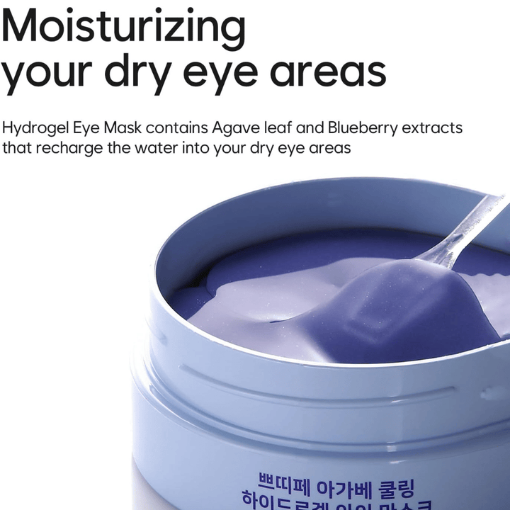 Imagem de produto de Agave Cooling Hydrogel Eye Mask com foco na hidratação das zonas secas à volta dos olhos. A imagem mostra a fórmula em hidrogel e a espátula incluída.