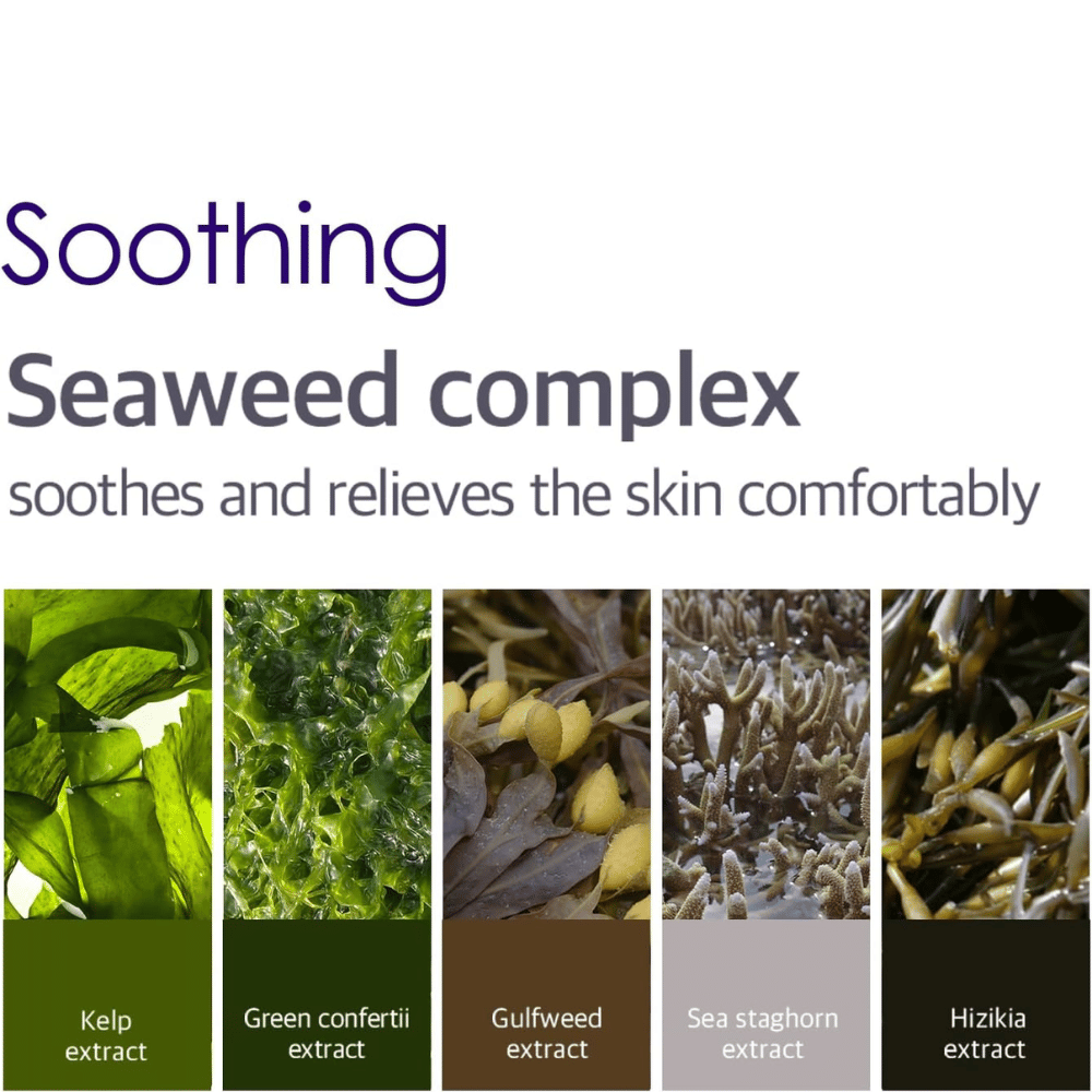 Imagem informativa sobre o Seaweed Complex com várias algas e extratos marinhos que ajudam a acalmar, refrescar e dar conforto à pele à volta dos olhos.