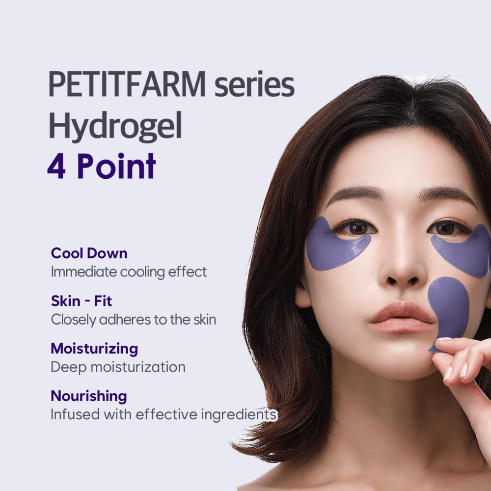 Imagem promocional com modelo a usar a PETITFARM Hydrogel Eye Mask. A imagem destaca quatro principais benefícios: efeito refrescante, ajuste adaptado à pele, hidratação profunda e ingredientes nutritivos.