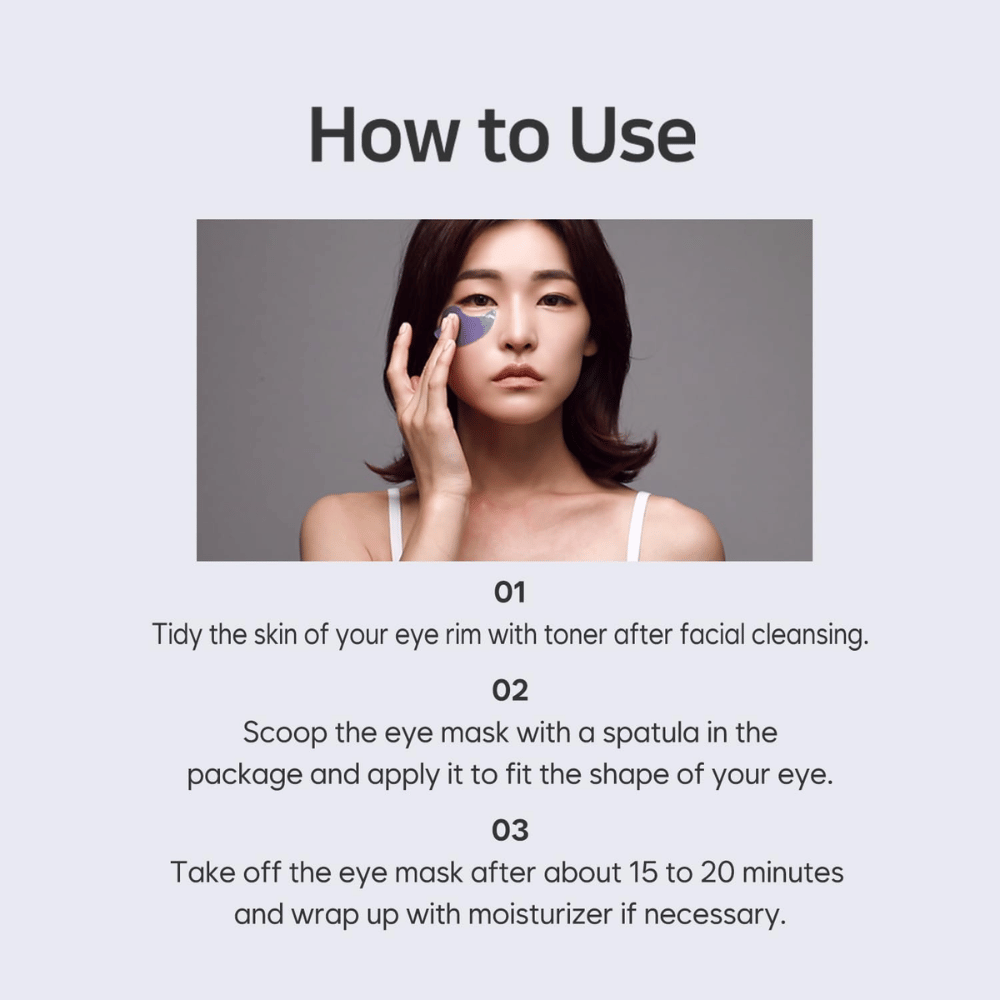 Imagem instrutiva que mostra como a PETITFARM Hydrogel Eye Mask é aplicada após a limpeza e o tónico. O guia descreve passo a passo como os eye patches são usados para hidratação e cuidado refrescante à volta dos olhos.