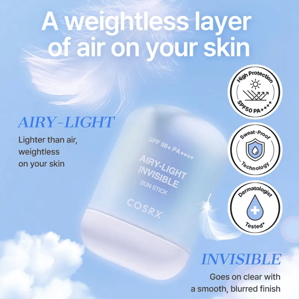 COSRX Airy-Light Invisible Sun Stick – protetor solar ultraleve com SPF 50+ e PA++++, proporciona um acabamento leve e invisível.