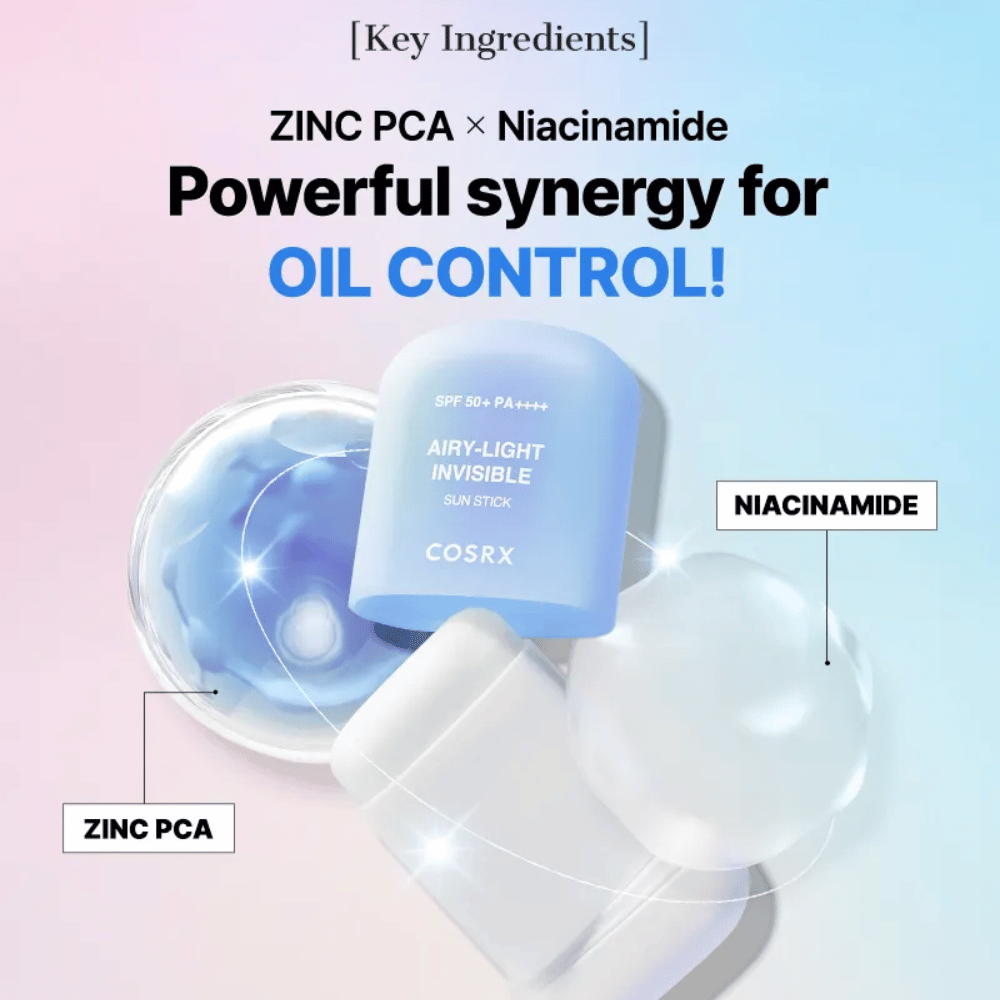 Ingredientes-chave em COSRX Airy-Light Invisible Sun Stick – Zinco PCA e Niacinamida para controle eficaz do sebo e pele clara.