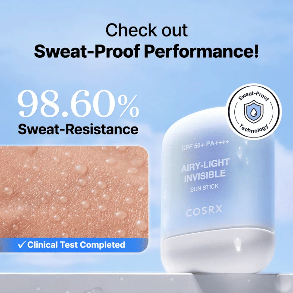 COSRX Airy-Light Invisible Sun Stick com 98,6% de resistência ao suor – tecnologia à prova de suor comprovada para proteção duradoura.