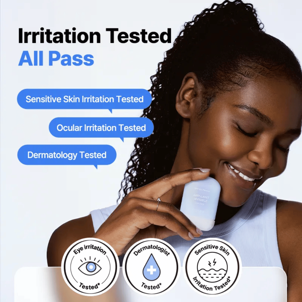 Clinicamente testado COSRX Airy-Light Invisible Sun Stick – testado para pele sensível, irritação nos olhos e aprovado dermatologicamente.
