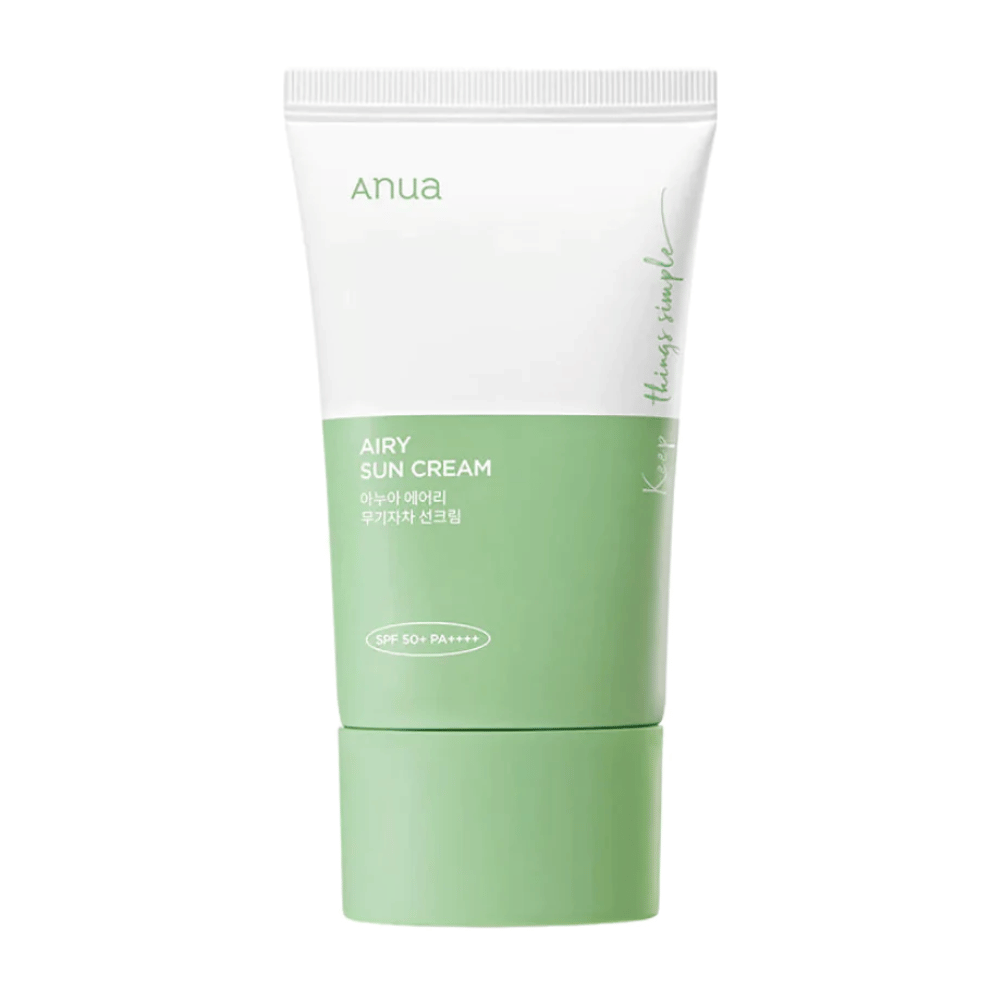 Um tubo de Anua Airy Sun Cream com SPF 50+ PA++++ em um fundo branco.