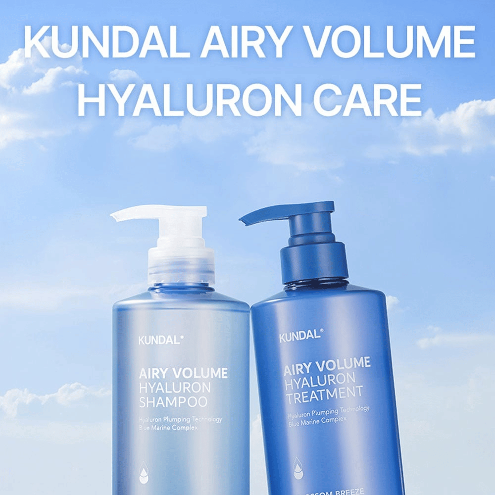 KUNDAL Airy Volume Hyaluron Shampoo e Treatment em frascos de bomba azuis, cuidados capilares com ácido hialurônico e Complexo Blue Marine.