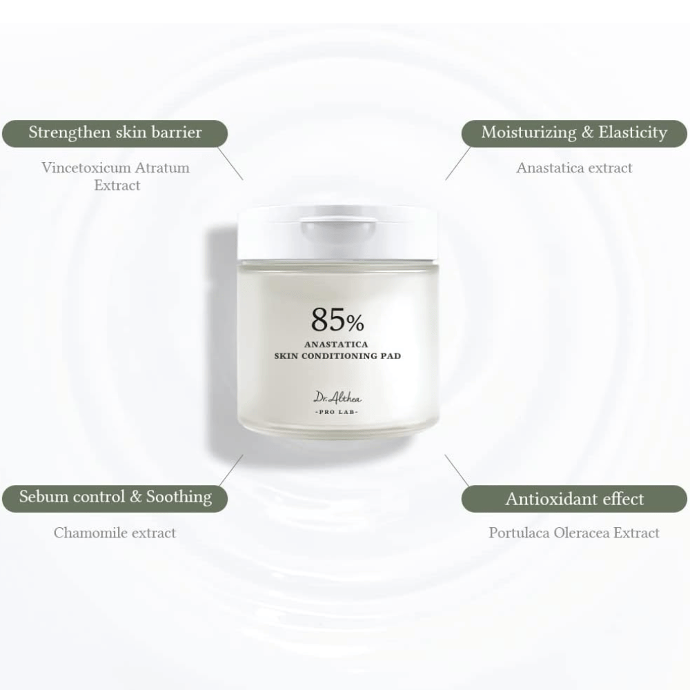 Dr. Althea 85% Anastatica Skin Conditioning Pad com extrato de Anastatica, camomila, beldroega e extrato de Vincetoxicum que fortalecem a barreira cutânea e acalmam a pele.
