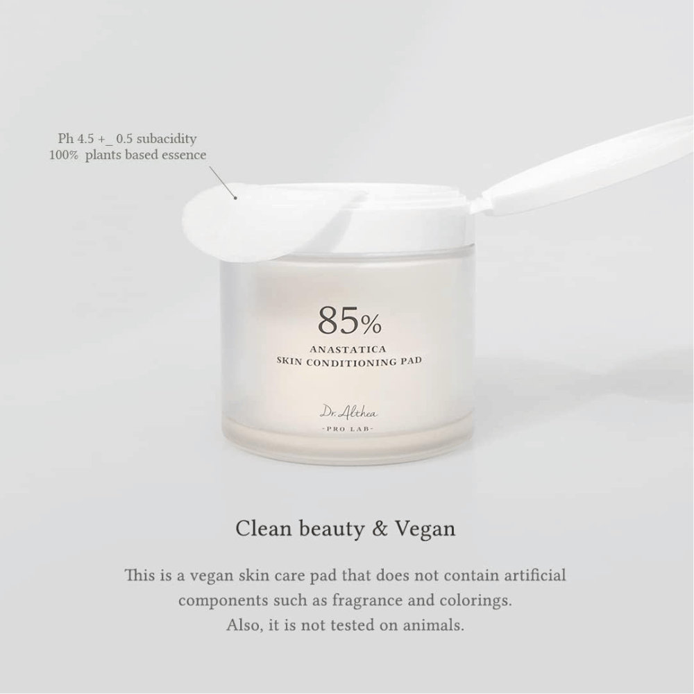 Dr. Althea 85% Anastatica Skin Conditioning Pad são discos tónicos veganos sem fragrâncias e corantes artificiais, desenvolvidos para pele sensível.