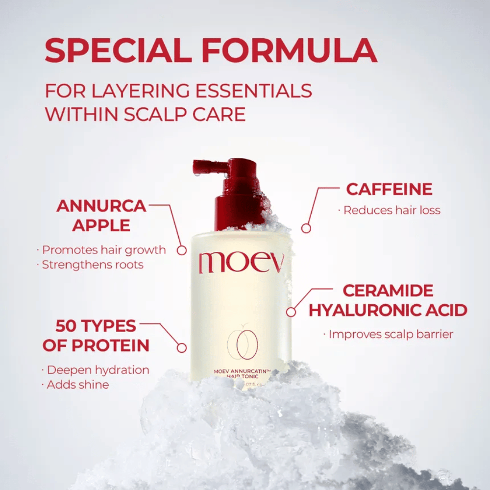 MOEV Annurcatin Hair Tonic – fórmula avançada com maçã Annurca, cafeína e ácido hialurónico que fortalece o cabelo e o couro cabeludo.