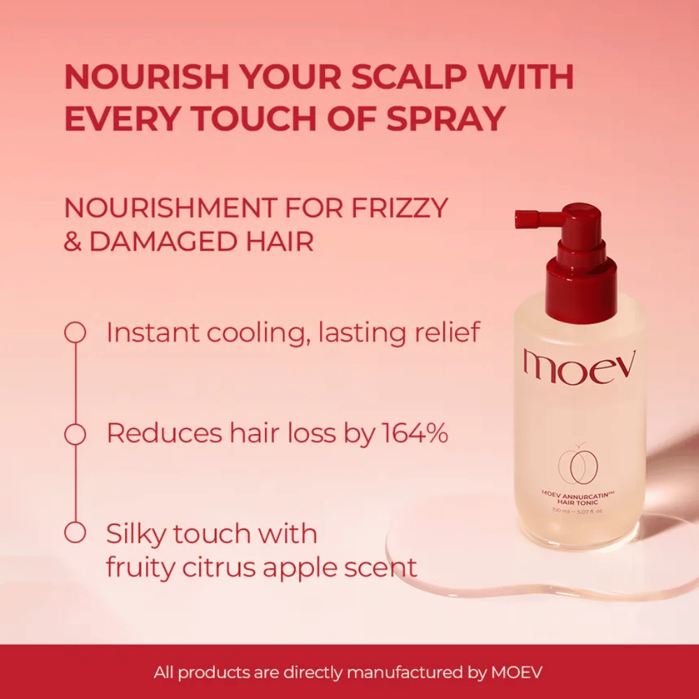 MOEV Annurcatin Hair Tonic – spray de cuidado que reduz a queda de cabelo, esfria o couro cabeludo e proporciona um fresco aroma cítrico.