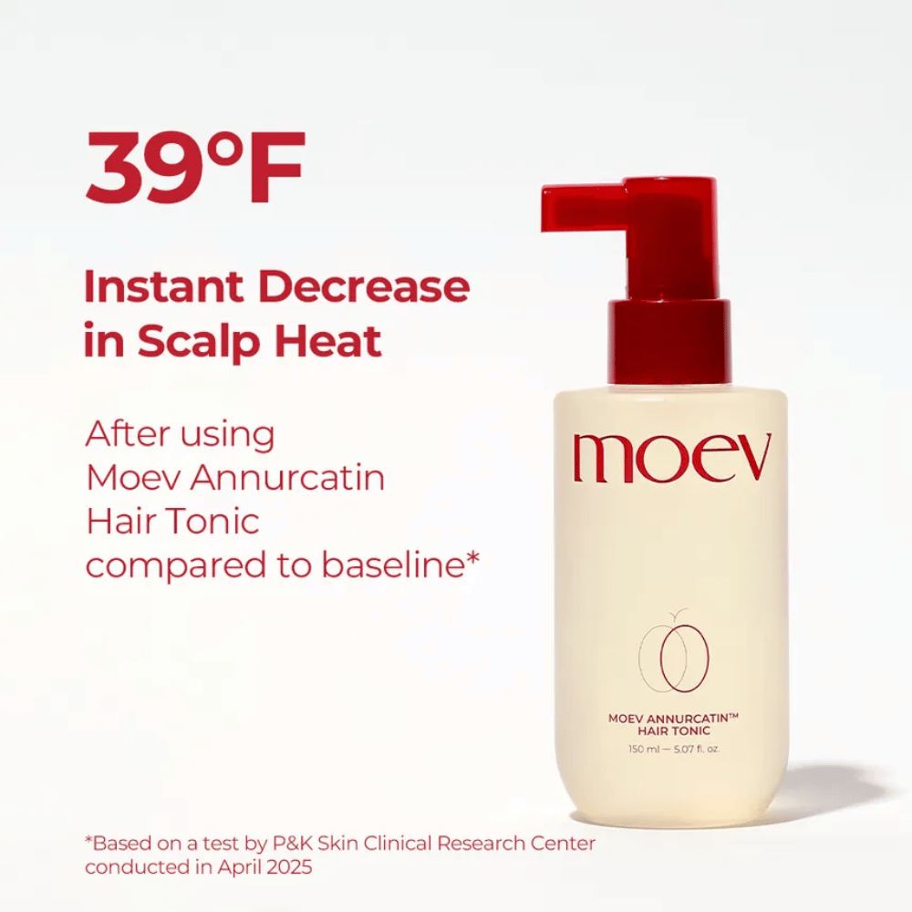 MOEV Annurcatin Hair Tonic – cuidado capilar clinicamente testado que esfria o couro cabeludo e reduz o calor em até 39°F para um cabelo mais saudável.