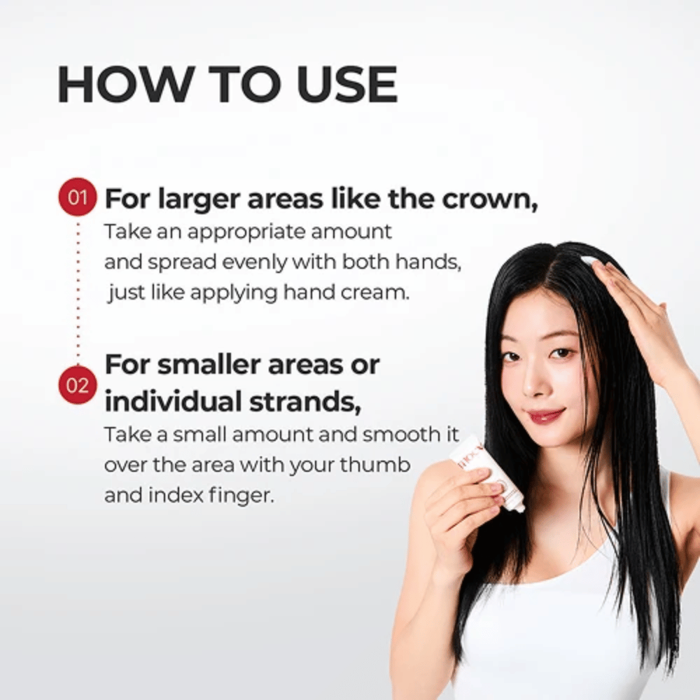 1. MOEV Annurcatin No Sebum Hair Cream – instruções para aplicação no couro cabeludo e em madeixas individuais