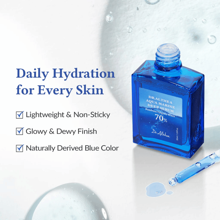 Dr. Althea Aqua Marine Deep Serum em frasco de vidro azul com pipeta, fórmula leve e não pegajosa que proporciona hidratação diária, acabamento brilhante e orvalhado e cor azul natural para todos os tipos de pele.