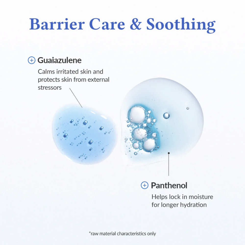 Cuidado da Barreira & Calmante em Dr. Althea Aqua Marine Deep Serum com guaiazulen que acalma a pele irritada e protege contra o estresse externo, e pantenol que retém a umidade e fortalece a barreira cutânea para hidratação duradoura.