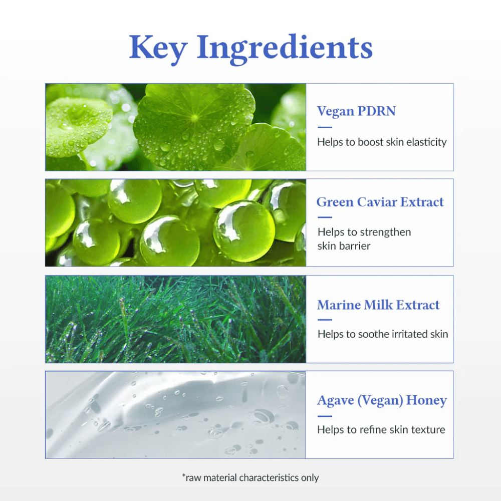 Ingredientes-chave em Dr. Althea Aqua Marine Deep Serum – Vegan PDRN para elasticidade, Extrato de Caviar Verde que fortalece a barreira cutânea, Extrato de Leite Marinho que acalma a pele e Agave (mel vegano) para uma textura de pele mais uniforme.