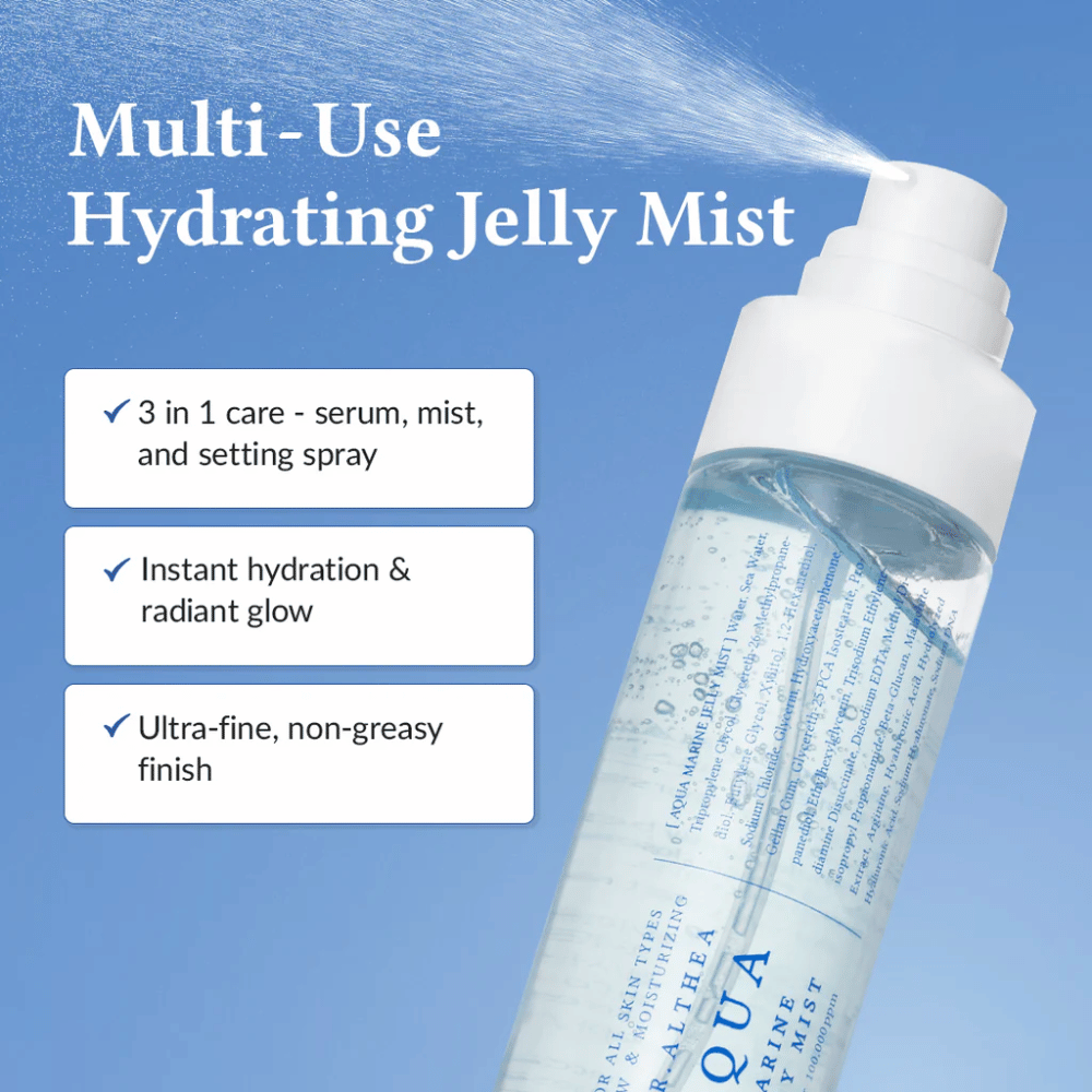 Dr. Althea Aqua Marine Jelly Mist como spray facial multifuncional para sérum, bruma e spray fixador em um