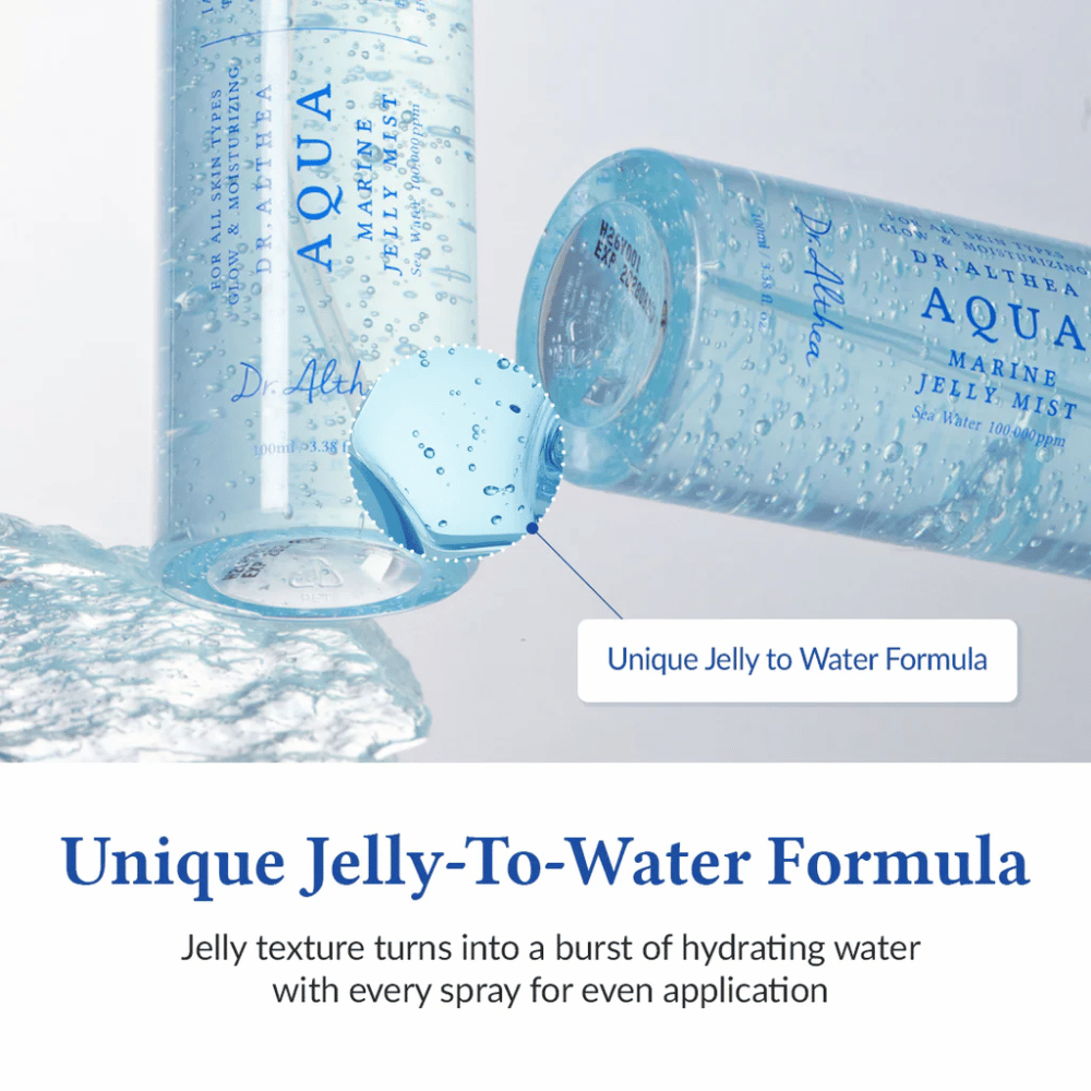 Dr. Althea Aqua Marine Jelly Mist com fórmula única de geléia para água que é ativada ao borrifar e proporciona hidratação intensa