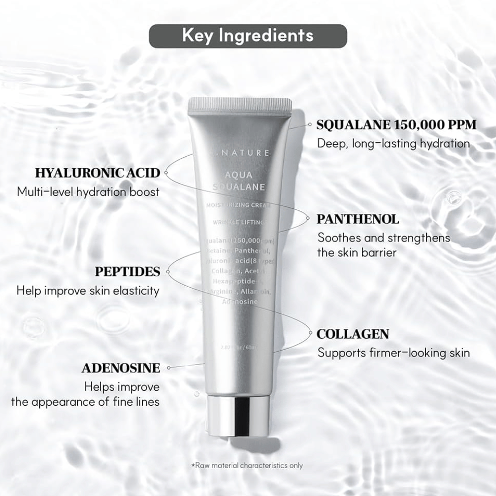 S.NATURE Aqua Squalane Moisturizing Cream com squalane, ácido hialurónico, pantenol, péptidos e colagénio para uma pele hidratada e suave.