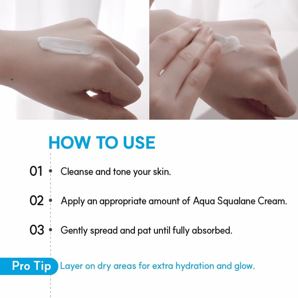 S.NATURE Aqua Squalane Moisturizing Cream aplica-se na pele para uma hidratação intensa e uma barreira cutânea macia e flexível.