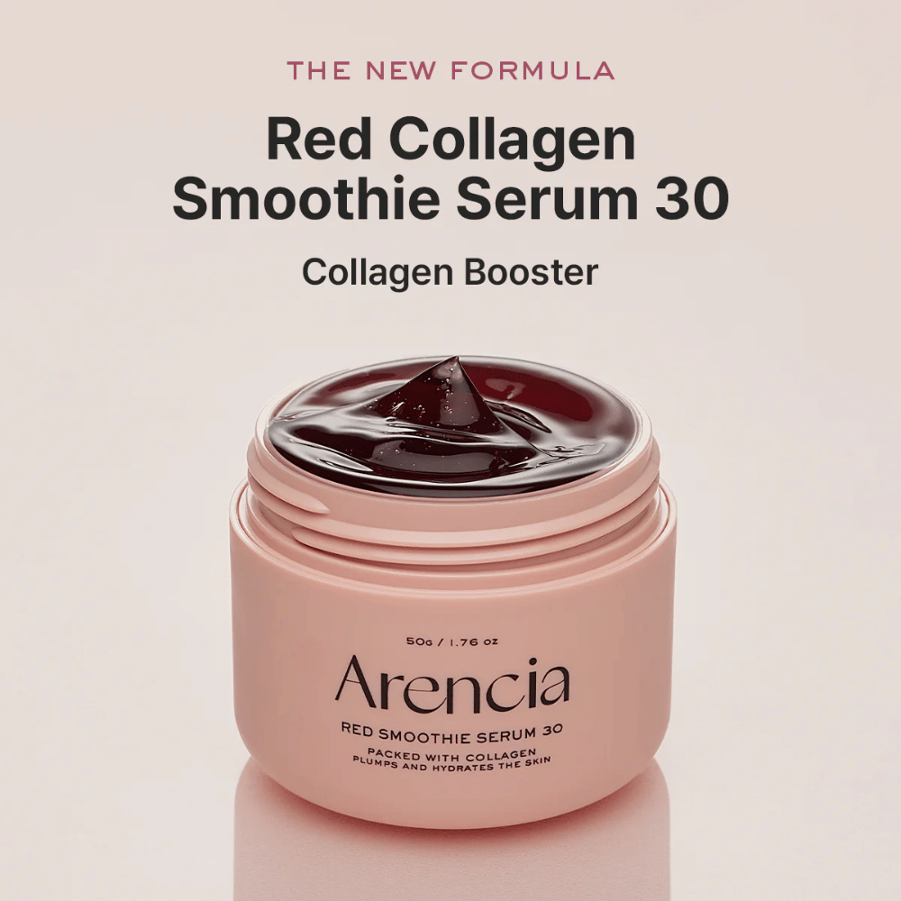 Arencia Red Smoothie Serum 30 em pote rosa, nova fórmula que funciona como impulsionador de colágeno.