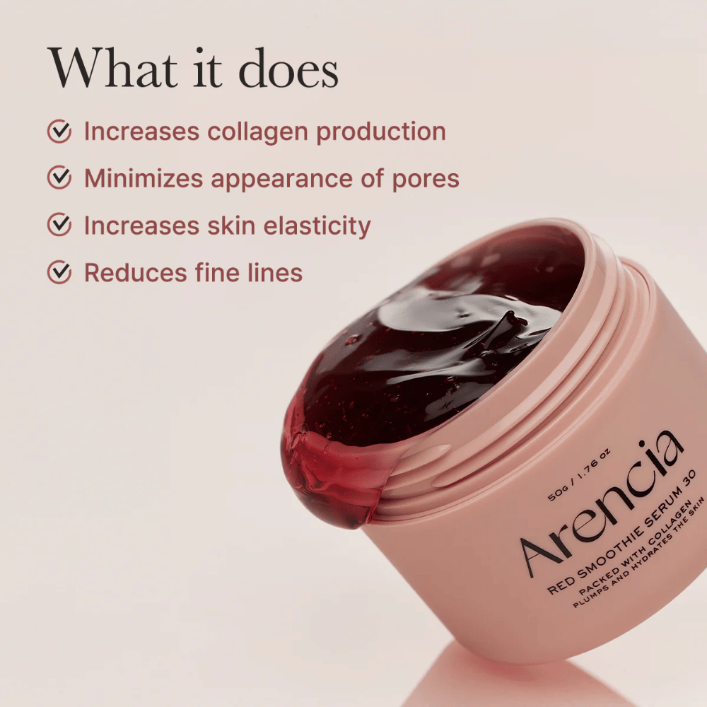 Pote aberto Arencia Red Smoothie Serum 30 com textura semelhante a gel, listado Vantagens: aumento de colágeno, poros minimizados, elasticidade melhorada, linhas reduzidas.