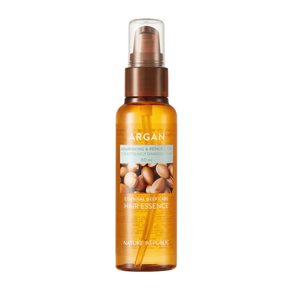 Imagem do produto de Nature Republic Argan Essential Moisture Hair Oil 80 ml – óleo capilar nutritivo para cabelo seco e danificado.