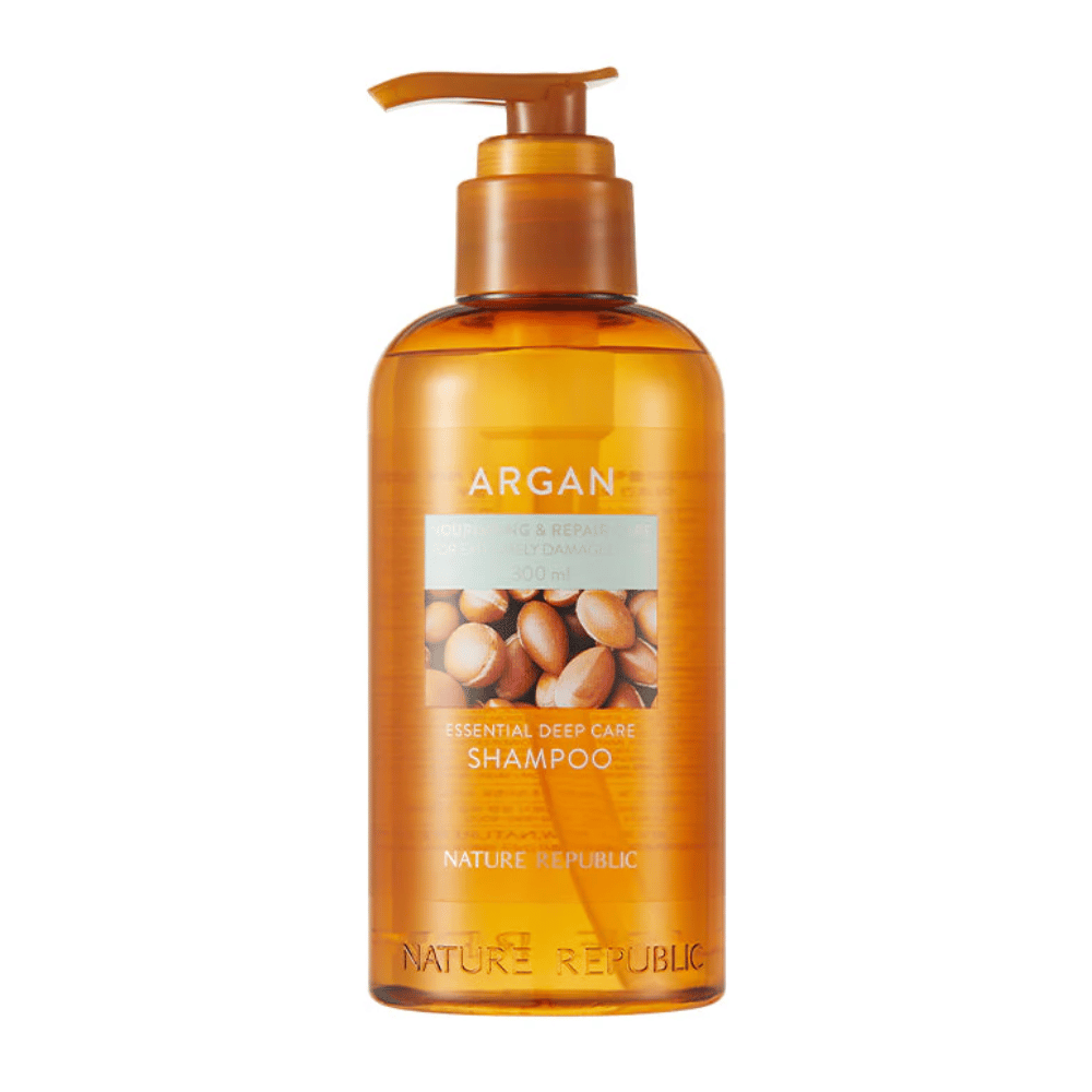 Imagem do produto em Nature Republic Argan Essential Moisture Repairing Shampoo – champô nutritivo para cabelo mais forte e brilhante.