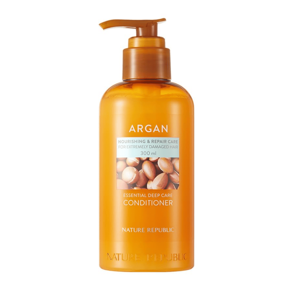Imagem do produto em Nature Republic Argan Essential Moisture Repairing Conditioner 300 ml para cabelo seco e danificado.