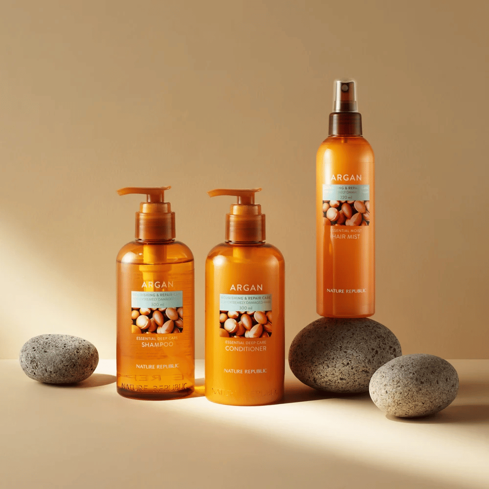 Nature Republic Série Argan com champô, condicionador e hair mist para cabelo danificado – enriquecido com óleo de argão para brilho e nutrição.