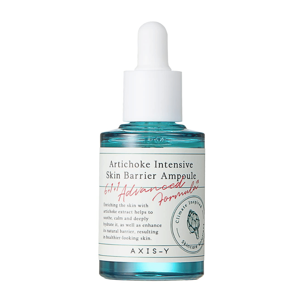 Uma garrafa de sérum para cuidados com a pele marcada "Artichoke Intensive Skin Barrier Ampoule" de AXIS-Y.